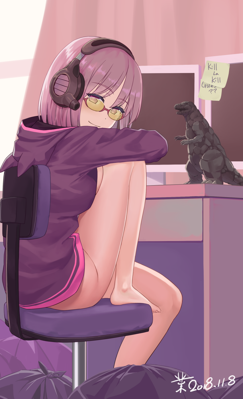 animal_ears animal_hood bangs barefoot bottomless chair chinese_commentary closed_mouth commentary_request dated eyebrows_visible_through_hair glasses hair_between_eyes head_tilt headphones highres hood hood_down hooded_jacket jacket looking_at_viewer looking_to_the_side monitor mr_yah office_chair pink_hair purple_eyes purple_jacket red-framed_eyewear shinjou_akane sitting smile solo ssss.gridman tinted_eyewear trash_bag yellow-tinted_eyewear