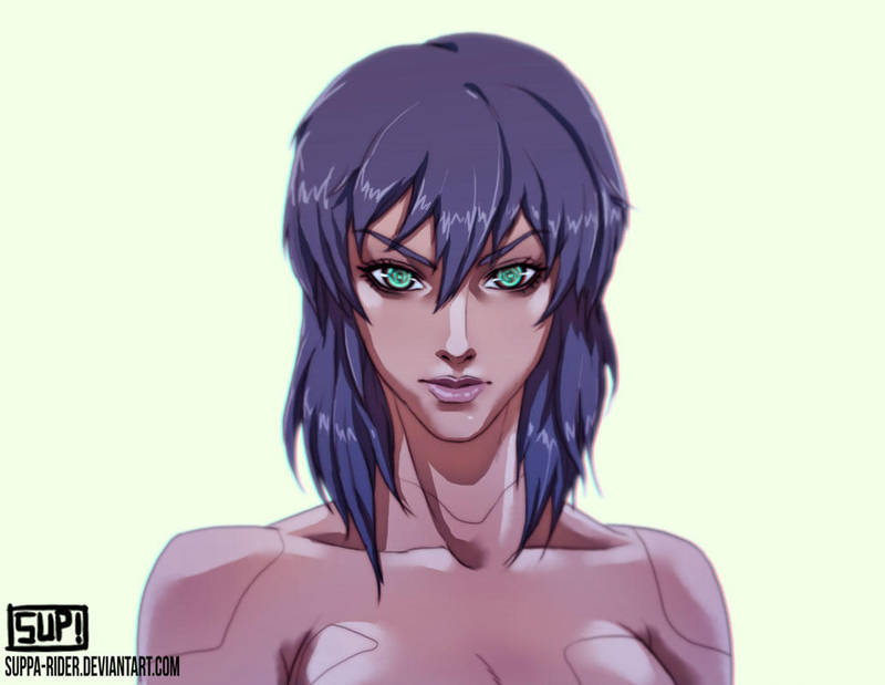 artificial_eyes breasts commentary cybernetic_eye cybernetic_parts cyberpunk cyborg english_commentary ghost_in_the_shell green_eyes kusanagi_motoko lips looking_at_viewer mullet nude purple_hair science_fiction serious signature simple_background solo suppa-rider upper_body