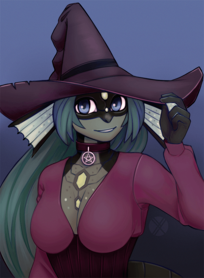 2018 anthro black_nose black_scales blue_eyes breasts cleavage clothed clothing digital_media_(artwork) ear_fins female fin gem green_hair green_scales hair hat long_hair looking_at_viewer magic_user marine merfolk miren multicolored_scales non-mammal_breasts oxcenia pentagram scales scalie simple_background smile solo teeth two_tone_ears two_tone_scales webbed_hands witch witch_hat