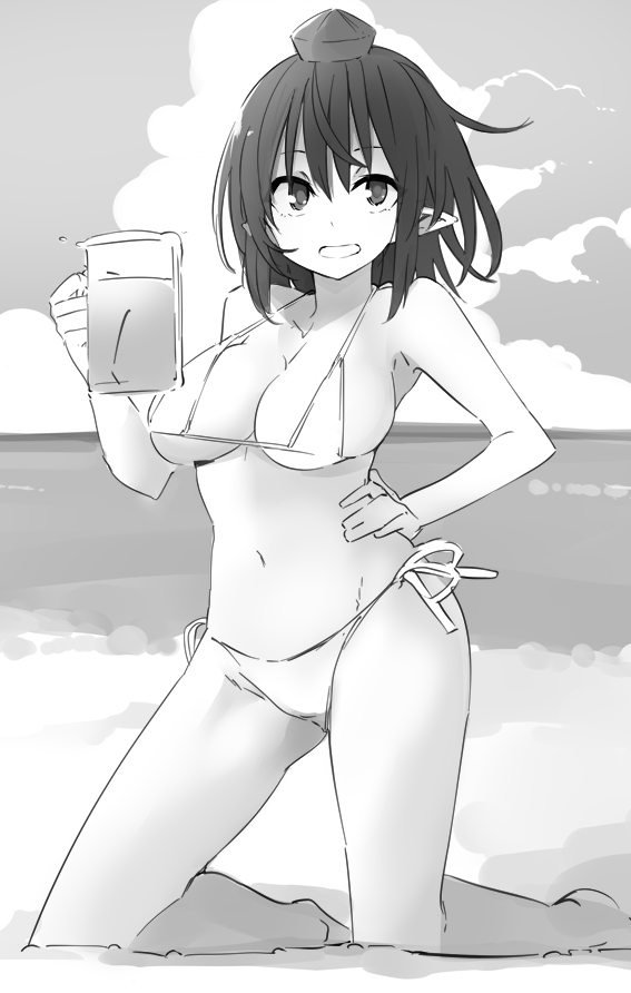 bare_arms bare_legs bare_shoulders barefoot beach bikini breasts cloud cup greyscale groin hair_between_eyes halterneck hand_on_hip hand_up hat holding holding_cup kamukamu_(ars) kneeling large_breasts looking_at_viewer monochrome mug navel open_mouth outdoors pointy_ears sand shameimaru_aya short_hair side-tie_bikini sketch smile solo stomach swimsuit thighs tokin_hat touhou water