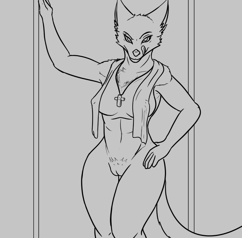 2018 anthro bedroom_eyes big_breasts breasts canine coyote doorway female half-closed_eyes hand_on_hip jewelry licking line_art looking_at_viewer mammal monochrome necklace nipple_bulge nude pussy scp-2547 scp_foundation seductive smile solo tongue tongue_out towel unusualmatias