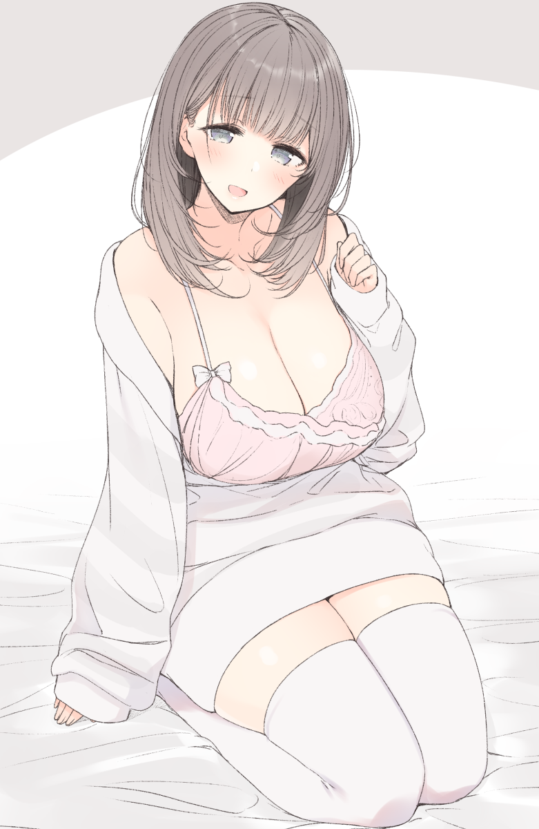 :d bangs bed_sheet blue_eyes blush breasts brown_hair camisole cleavage collarbone eyebrows_visible_through_hair grey_hair highres large_breasts looking_at_viewer nekoume open_mouth original seiza sitting sleeves_past_wrists smile solo sweater tareme thighhighs thighs white_legwear