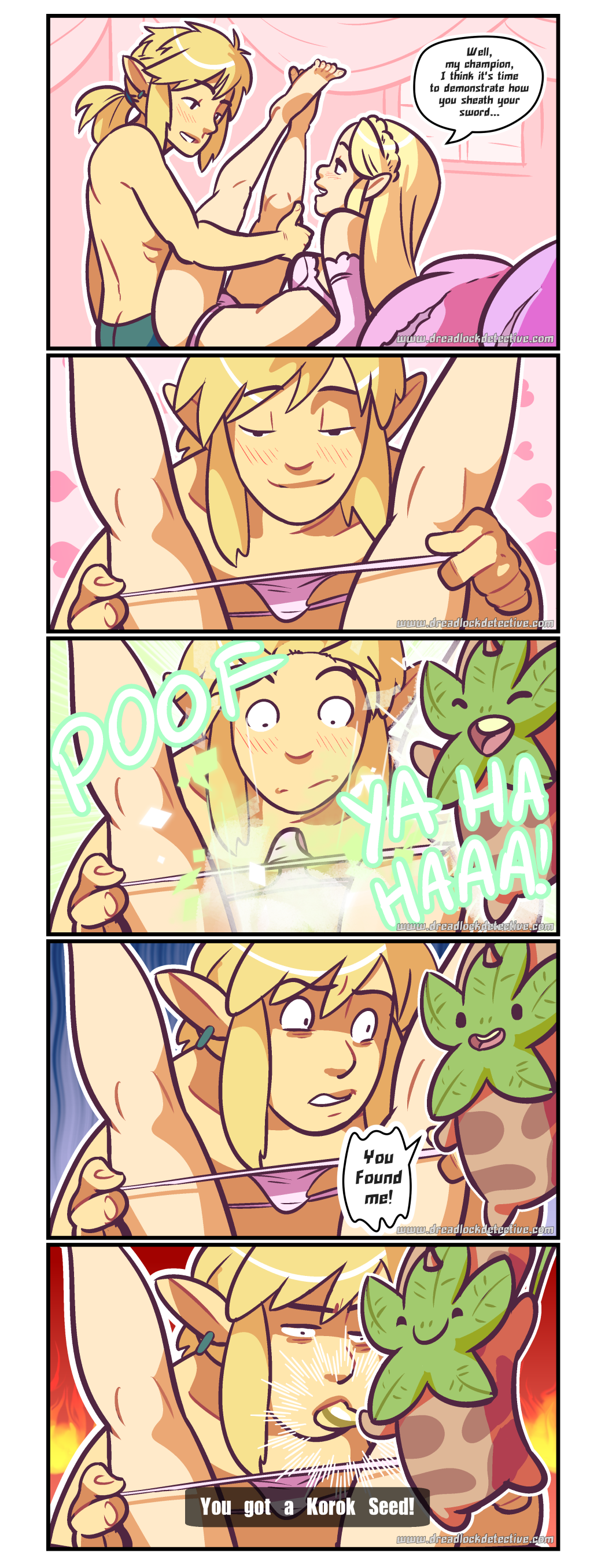 &lt;3 ... blush bra breasts breath_of_the_wild clothing comic dialogue dreadlockdetective ear_piercing english_text eye_contact female group hair hi_res holding_object humanoid humor hylian korok link long_hair male male/female nintendo not_furry object_in_mouth open_mouth panties piercing pointy_ears ponytail princess_zelda seed smile speech_bubble surprise teeth text the_legend_of_zelda tongue underwear video_games watermark