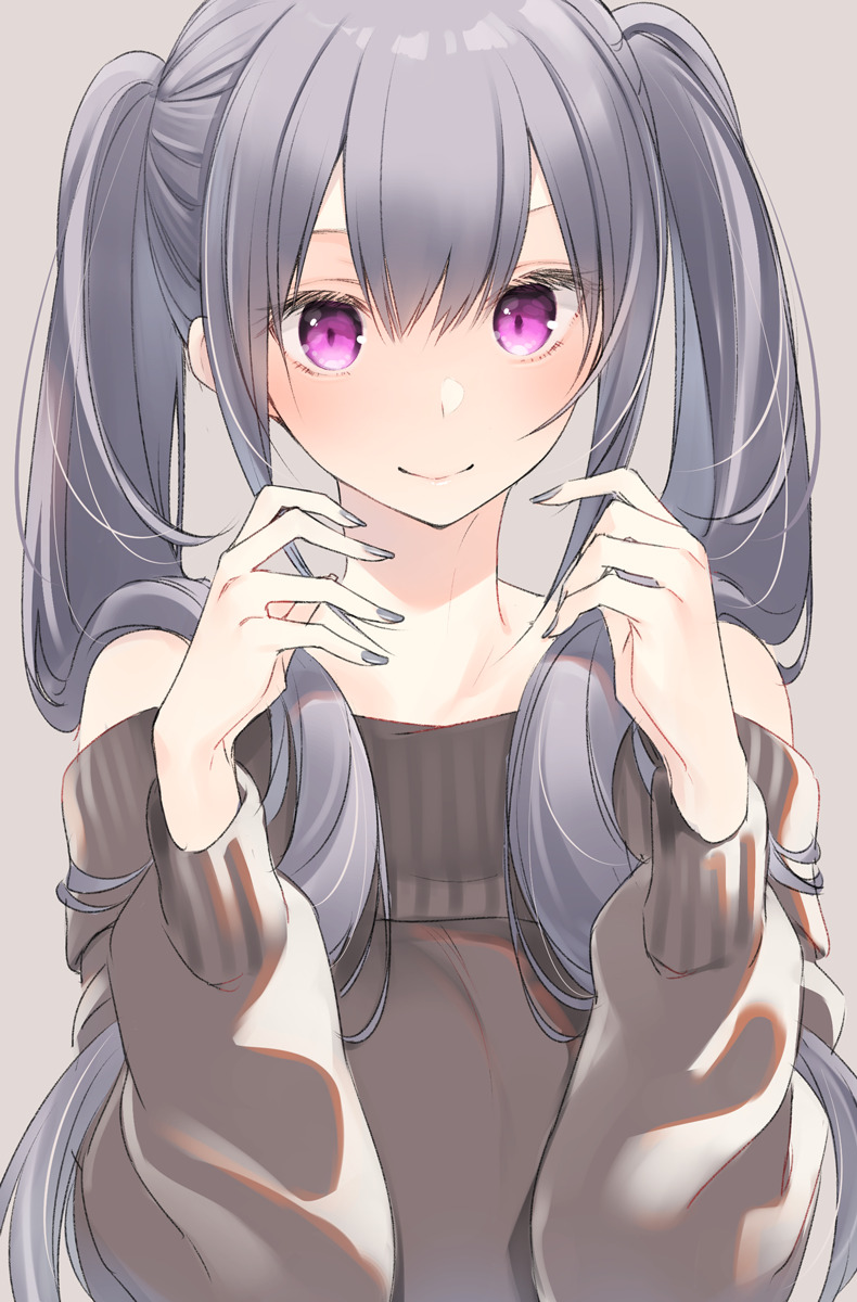 bangs bare_shoulders blush closed_mouth grey_background grey_hair hair_between_eyes hands_up highres long_hair nekoume off-shoulder_sweater original purple_eyes sidelocks simple_background smile solo sweater twintails upper_body very_long_hair