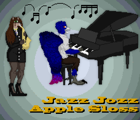 2018 amros anthro auya avian bird black_nose brown_hair canine clothed clothing digital_media_(artwork) drtato duo feathered_wings feathers female hair holding_musical_instrument male mammal multicolored_feathers music musical_instrument musical_note piano pixel_(artwork) playing_music playing_piano saxophone simple_background tail_feathers text wings wolf