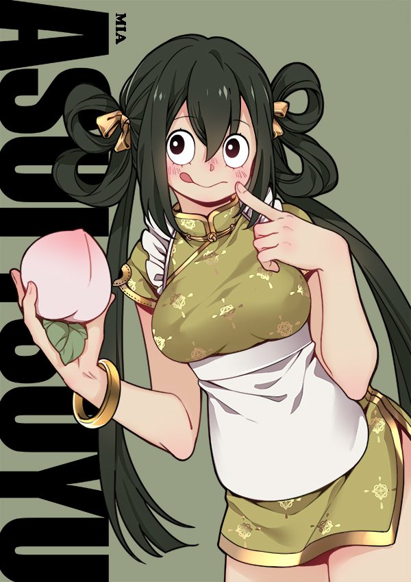 alternate_costume alternate_hair_color alternate_hair_length alternate_hairstyle apron artist_name asui_tsuyu black_hair boku_no_hero_academia bracelet breasts character_name china_dress chinese_clothes dress finger_to_mouth food fruit hair_ribbon hair_rings jewelry large_breasts long_hair looking_at_viewer mia0309 peach ribbon short_dress side_slit solo tongue tongue_out twintails very_long_hair wide-eyed