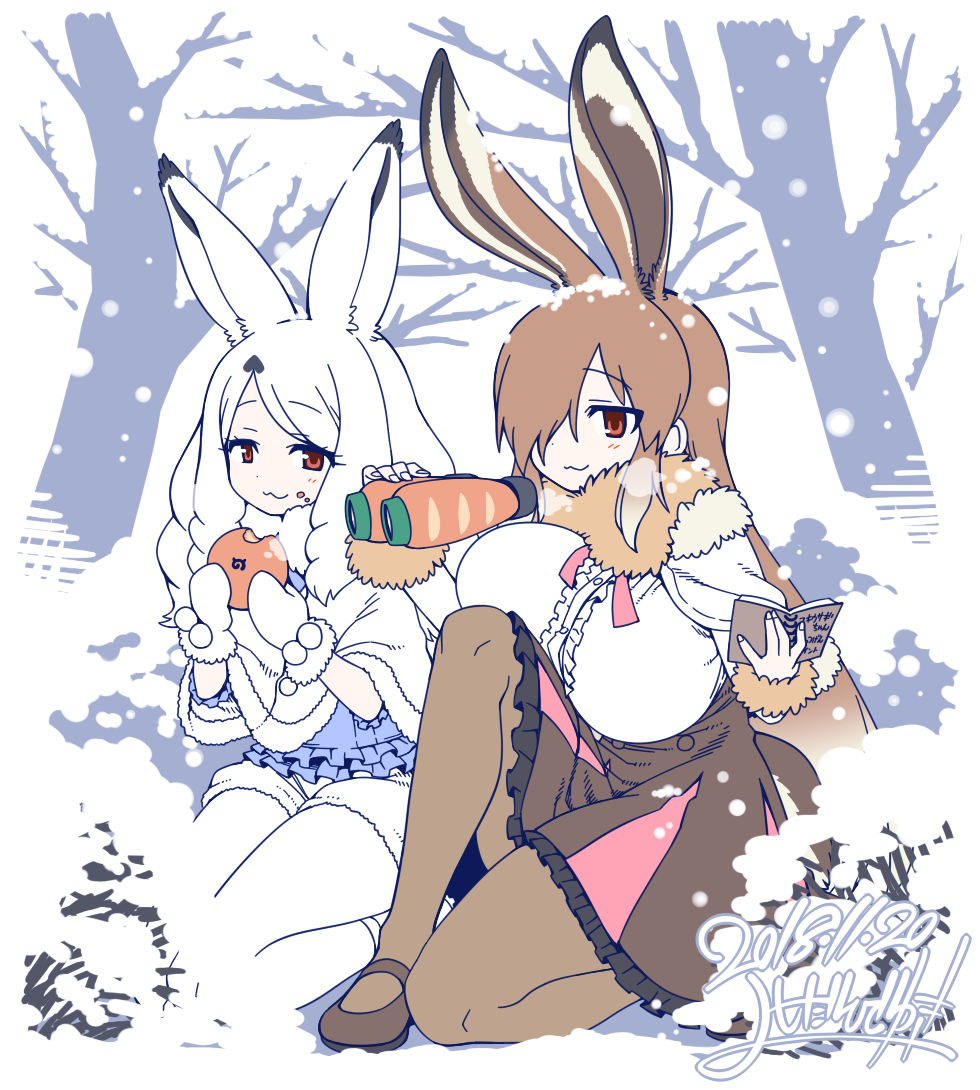 animal_ears arctic_hare_(kemono_friends) binoculars book breasts brown_footwear brown_hair brown_legwear brown_skirt bunny_ears bunny_tail capelet center_frills commentary day eating european_hare_(kemono_friends) eyebrows_visible_through_hair food food_on_face fur_collar fur_trim gradient_hair hair_over_one_eye high-waist_skirt japari_bun kemono_friends kneeling large_breasts long_hair long_sleeves looking_at_viewer mittens multicolored_hair multiple_girls outdoors pantyhose red_eyes seiza shirt sitting skirt smile snow tail translated tree very_long_hair white_hair white_legwear white_mittens white_shirt yoshida_hideyuki