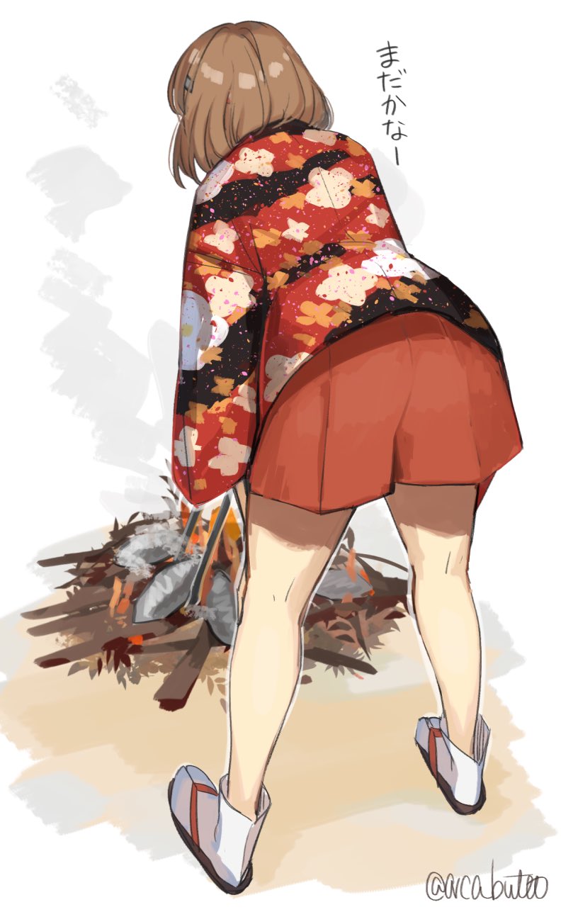 brown_hair campfire chiyoda_(kantai_collection) coat commentary_request floral_print food from_behind highres kantai_collection leaning_forward overcoat red_skirt roasting sandals short_hair simple_background skirt solo standing sweet_potato tabi twitter_username white_background white_legwear yamashiki_(orca_buteo)