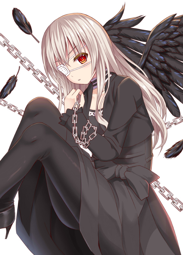 black_dress black_feathers black_jacket black_legwear black_wings chain commentary_request cropped_jacket dress eyepatch feathered_wings feathers hand_up head_tilt higyaku_no_noel jacket light_brown_hair long_hair long_sleeves looking_at_viewer medical_eyepatch noel_cerquetti open_clothes open_jacket pantyhose parted_lips red_eyes simple_background sleeves_past_wrists solo tsukino_neru very_long_hair white_background wings
