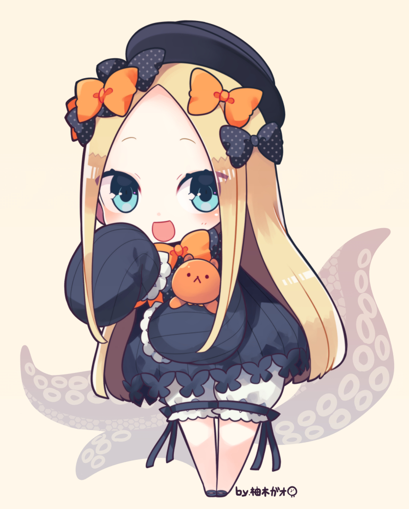 :d abigail_williams_(fate/grand_order) bangs black_bow black_dress black_footwear black_hat blonde_hair bloomers blue_eyes blush bow brown_background bug butterfly chibi commentary_request dress fate/grand_order fate_(series) forehead full_body hair_bow hat insect leaning_forward long_hair long_sleeves looking_at_viewer object_hug open_mouth orange_bow parted_bangs polka_dot polka_dot_bow shoes sleeves_past_fingers sleeves_past_wrists smile solo standing stuffed_animal stuffed_toy suction_cups teddy_bear tentacles underwear very_long_hair white_bloomers yuzuki_gao