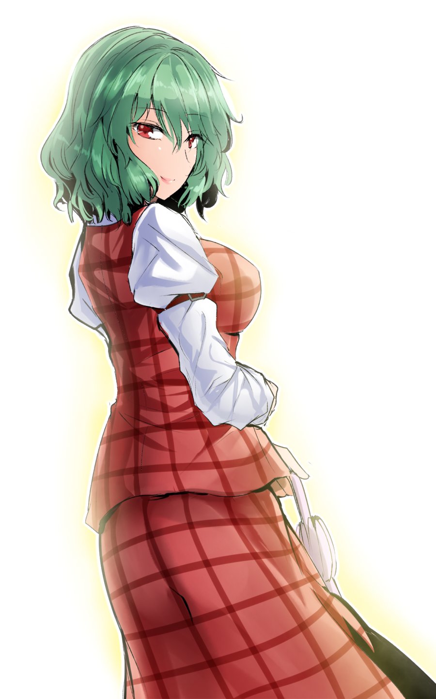 bangs breasts commentary_request cowboy_shot eyebrows_visible_through_hair green_hair hair_between_eyes highres holding holding_umbrella juliet_sleeves kazami_yuuka large_breasts long_sleeves looking_at_viewer looking_back pink_lips plaid plaid_skirt plaid_vest puffy_sleeves red_eyes red_skirt red_vest shirt short_hair simple_background skirt skirt_set smile solo standing touhou umbrella vest white_background white_shirt y2 yellow_outline