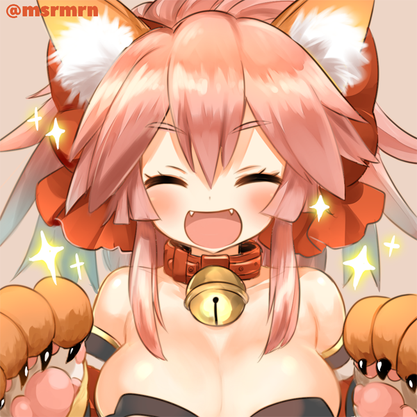 :d ^_^ animal_ear_fluff animal_ears bangs bare_shoulders bell bell_collar blush bow breasts brown_background cleavage closed_eyes collar eyebrows_visible_through_hair facing_viewer fangs fate/grand_order fate_(series) fox_ears gloves hair_between_eyes hair_bow hands_up jingle_bell marshmallow_mille medium_breasts open_mouth paw_gloves paws pink_hair red_bow red_collar sidelocks simple_background smile solo sparkle strapless tamamo_(fate)_(all) tamamo_cat_(fate) twitter_username