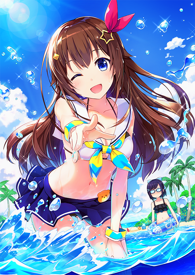 ;d amagai_tarou beach black_bikini_top blue_bow blue_eyes blue_skirt blue_sky bow breasts brown_hair cleavage collarbone day floating_hair hair_bow hair_ornament hair_ribbon head_tilt innertube lens_flare long_hair looking_at_viewer medium_breasts miniskirt multiple_girls navel one_eye_closed open_mouth outdoors outstretched_arms palm_tree red_ribbon ribbon sailor_bikini sailor_collar skirt sky smile solo_focus standing star star_hair_ornament sunlight tokino_sora tokino_sora_channel tree very_long_hair virtual_youtuber wading white_bikini_top white_sailor_collar wrist_cuffs
