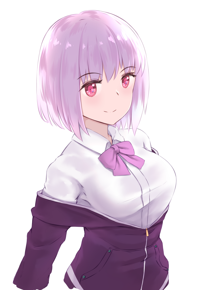 bangs blush bow breasts closed_mouth collared_shirt commentary_request eyebrows_visible_through_hair hair_between_eyes jacket jilu looking_away off_shoulder pink_hair purple_bow purple_jacket red_eyes shinjou_akane shirt short_hair simple_background small_breasts smile solo ssss.gridman upper_body white_background white_shirt