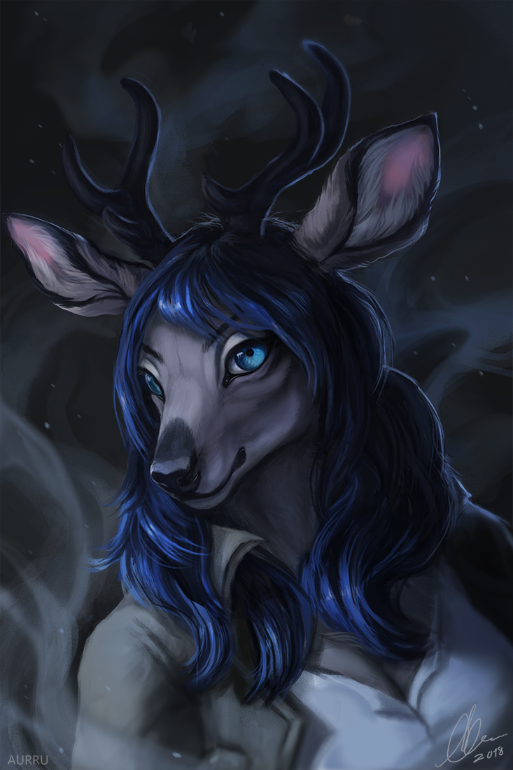 2018 anthro aurru black_nose blue_eyes blue_hair cervine clothed clothing digital_media_(artwork) female hair mammal solo