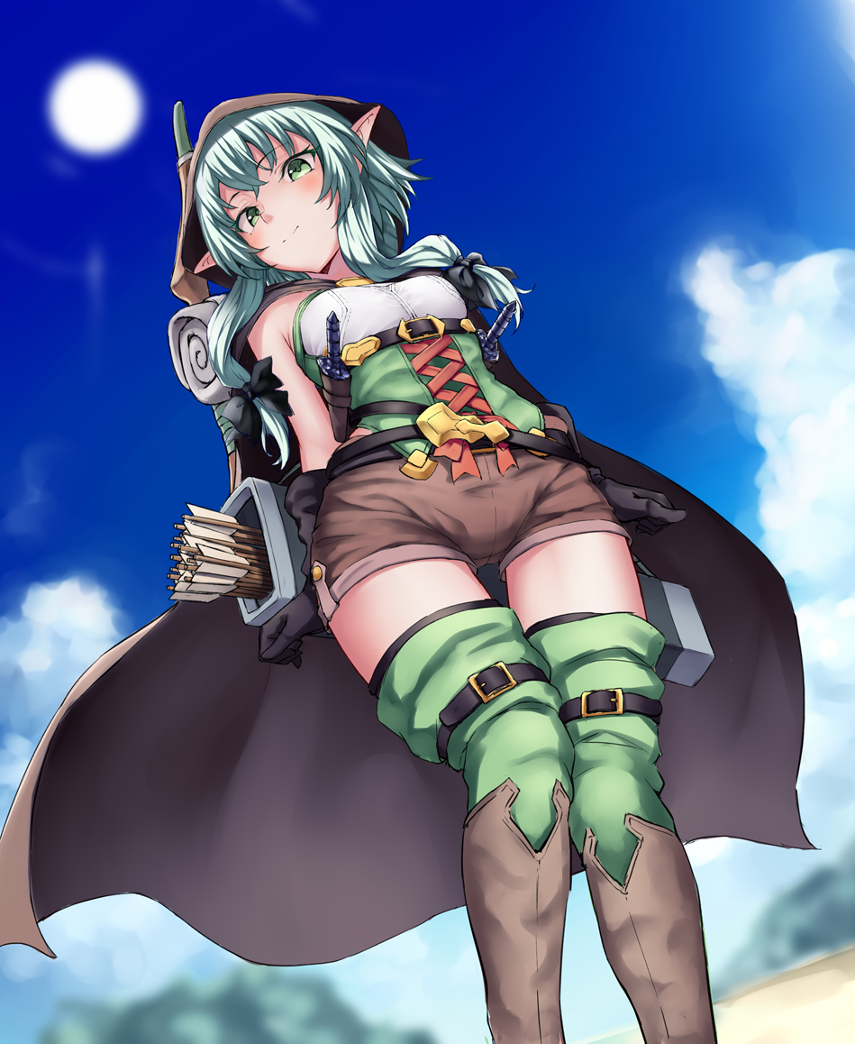 arrow belt black_bow black_cape black_gloves blue_sky boots bow brown_footwear brown_hoodie brown_shorts cape cloud day elf from_below gloves goblin_slayer! green_eyes green_hair green_legwear hair_bow high_elf_archer_(goblin_slayer!) hood long_hair looking_at_viewer outdoors pointy_ears ryuinu shorts sky smile solo standing sun thighhighs