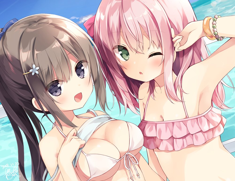 :d ;o arm_up armpits bangle bangs bare_arms bare_shoulders bikini blue_sky blush bow bracelet breasts brown_eyes brown_hair cleavage cloud commentary_request dated day dutch_angle eyebrows_visible_through_hair fingernails front-tie_top green_eyes hair_between_eyes hair_bow high_ponytail hoshi_(snacherubi) jewelry long_hair medium_breasts multiple_girls ocean one_eye_closed open_mouth original outdoors parted_lips pink_bikini pink_hair red_bow signature sky small_breasts smile swimsuit upper_body water white_bikini