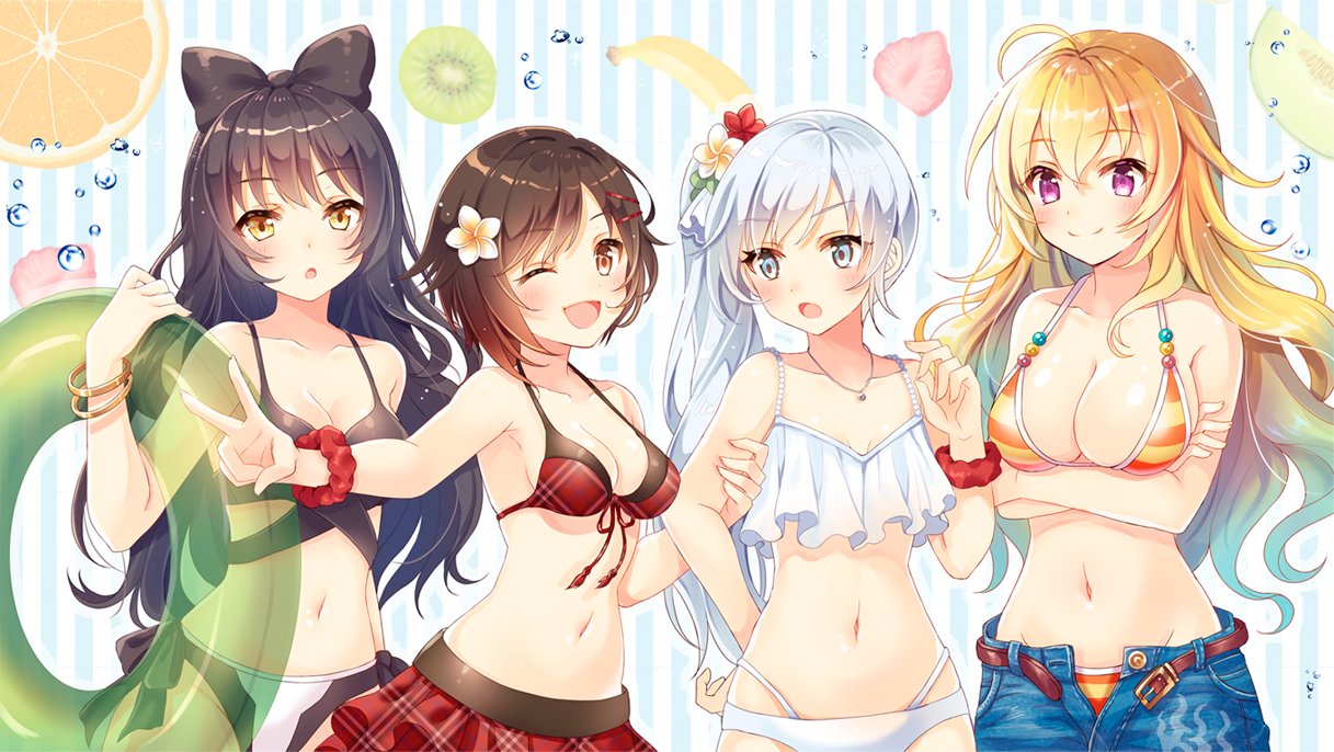 :o ;d ahoge arm_grab bikini bikini_skirt black_bow blake_belladonna blonde_hair blue_eyes blue_hair blue_shorts blush bow bracelet breasts brown_eyes cleavage collarbone eyebrows_visible_through_hair floating_hair flower groin hair_between_eyes hair_bow hair_flower hair_ornament hairclip innertube jewelry large_breasts long_hair looking_at_viewer medium_breasts multiple_girls navel necklace one_eye_closed open_clothes open_mouth open_shorts purple_eyes red_bikini red_flower red_scrunchie red_skirt ruby_rose rwby scrunchie serino_itsuki shiny shiny_hair short_hair shorts side_ponytail sideboob silver_hair skirt small_breasts smile standing striped striped_background striped_bikini swimsuit transparent v very_long_hair weiss_schnee white_bikini white_flower wrist_scrunchie yang_xiao_long yellow_eyes