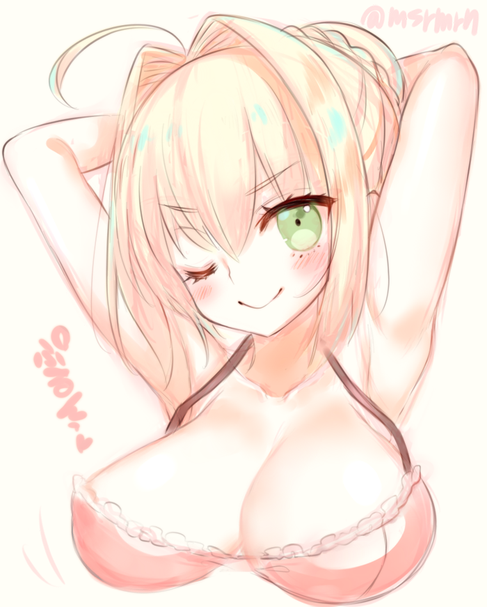 ;) ahoge armpits arms_behind_head arms_up bangs bare_shoulders beige_background blonde_hair blush braid breasts cleavage closed_mouth collarbone eyebrows_visible_through_hair fate/extra fate_(series) green_eyes hair_between_eyes hair_bun hair_intakes head_tilt large_breasts marshmallow_mille nero_claudius_(fate) nero_claudius_(fate)_(all) one_eye_closed simple_background smile solo twitter_username
