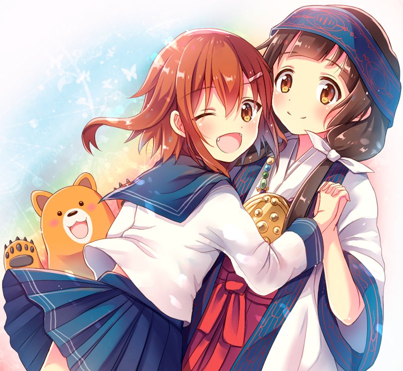 ;d amayadori_machi bandana blue_sailor_collar blue_skirt bow brown_eyes brown_hair crossover fangs floating_hair hair_bow hakama holding_hands ikazuchi_(kantai_collection) interlocked_fingers japanese_clothes kantai_collection kimono kumai_natsu kumamiko long_hair long_sleeves looking_at_viewer miniskirt multiple_girls one_eye_closed open_mouth pleated_skirt red_hakama sailor_collar school_uniform serino_itsuki shirt short_hair skirt smile white_bow white_kimono white_shirt