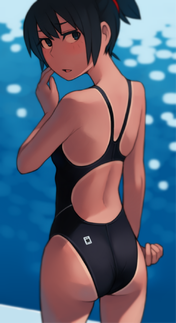 ass black_hair black_swimsuit blue_eyes commentary_request competition_swimsuit cowboy_shot from_behind kuroha_(lvi) looking_at_viewer looking_back lvi one-piece_swimsuit one-piece_tan open_mouth original ponytail revision short_hair short_ponytail solo standing swimsuit tan tanline