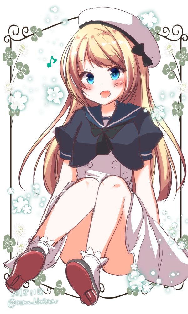 bangs black_ribbon blonde_hair blue_eyes blue_sailor_collar blush buttons commentary dress floral_background hat jervis_(kantai_collection) kantai_collection long_hair looking_at_viewer musical_note nanoha-h open_mouth ribbon sailor_collar sailor_dress sailor_hat shoes short_sleeves sitting socks solo white_dress white_hat white_legwear
