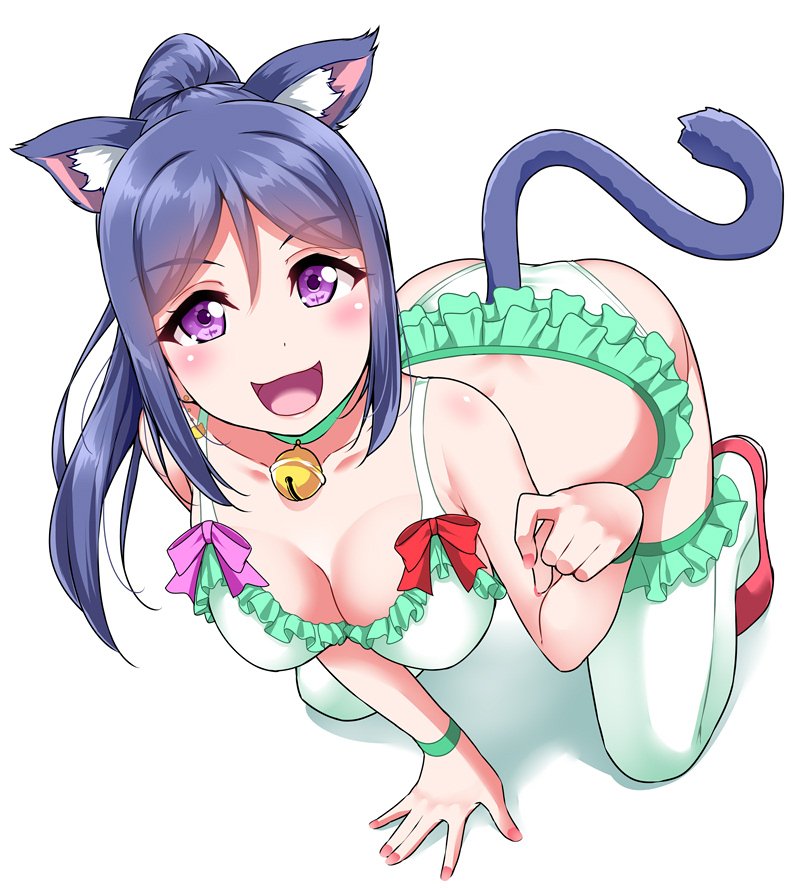 :3 all_fours animal_ears ass bangs bare_shoulders bell bell_collar blue_hair blush bow bow_bra bowtie bra breasts cat_ears cleavage collar collarbone earrings extra_ears eyes_visible_through_hair frilled_bra frilled_legwear frilled_panties frills green_bra green_legwear green_panties green_wristband hair_between_eyes high_ponytail jewelry kneeling large_breasts looking_at_viewer love_live! love_live!_sunshine!! matsuura_kanan nail_polish open_mouth panties paw_pose pet_play pink_bow ponytail purple_eyes red_bow red_footwear simple_background smile solo tail underwear white_background wristband yopparai_oni