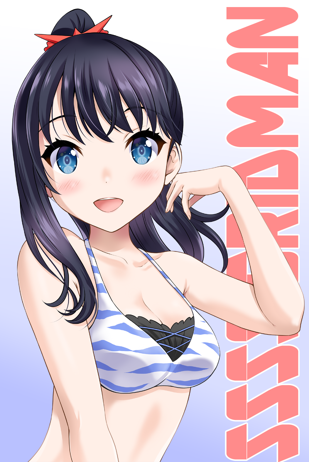:d bangs bare_arms bare_shoulders black_hair blue_eyes blush breasts cleavage collarbone commentary_request copyright_name eyebrows_visible_through_hair gradient gradient_background hand_up high_ponytail highres looking_at_viewer medium_breasts neko_danshaku open_mouth ponytail purple_background smile solo ssss.gridman takarada_rikka upper_teeth white_background