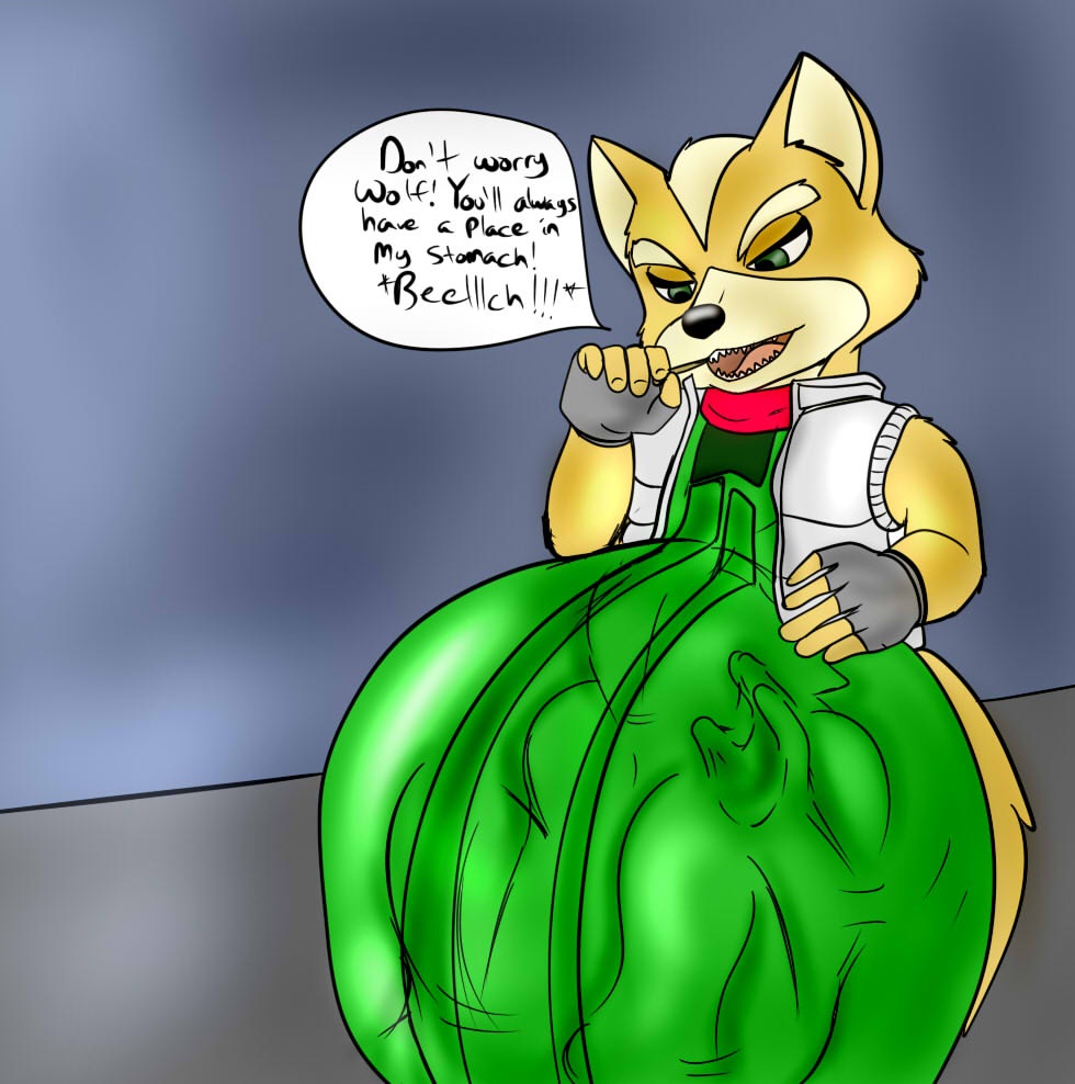 anthro belly belly_rub big_belly canine clothing dialogue english_text fataltragedy2004 fox fox_mccloud hand_on_stomach male male/male male_pred mammal nintendo soft_vore speech_bubble standing star_fox text toothpick video_games vore wolf_o'donnell