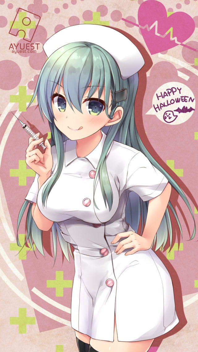 :q artist_name bankoku_ayuya black_legwear breasts cowboy_shot dress eyebrows_visible_through_hair green_eyes green_hair hair_between_eyes hair_ornament hairclip hand_on_hip happy_halloween hat holding holding_syringe kantai_collection long_hair looking_at_viewer medium_breasts nurse nurse_cap short_dress short_sleeves solo standing suzuya_(kantai_collection) syringe thighhighs tongue tongue_out very_long_hair white_dress zettai_ryouiki