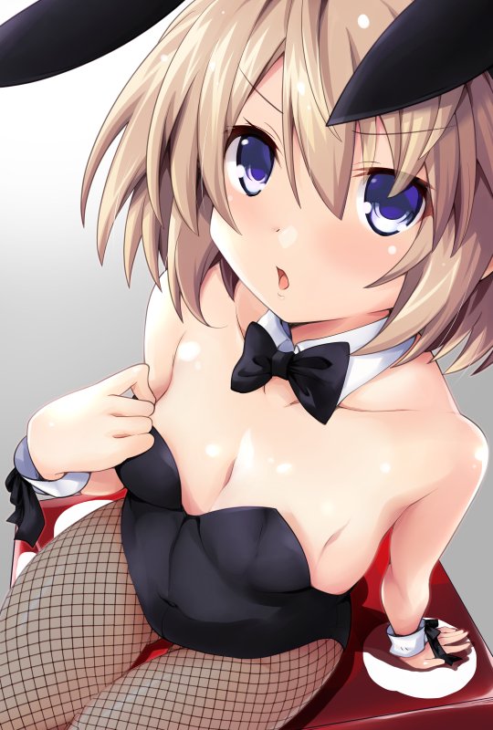 animal_ears bare_shoulders blanc blue_eyes blush bow bowtie breasts brown_hair bunny_ears bunnysuit commentary_request detached_collar fishnet_pantyhose fishnets iwasi-r looking_at_viewer neptune_(series) open_mouth pantyhose short_hair sitting small_breasts solo wrist_cuffs