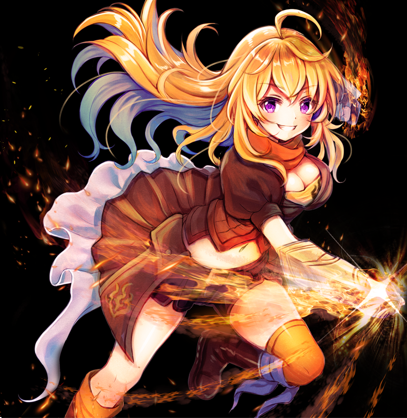 ahoge black_background black_shorts blonde_hair blue_hair boots breasts brown_footwear cleavage clenched_hand crop_top eyebrows_visible_through_hair floating_hair gauntlets grin hair_between_eyes long_hair looking_at_viewer medium_breasts midriff multicolored_hair navel orange_scarf purple_eyes rwby scarf serino_itsuki short_shorts shorts smile solo stomach thighhighs two-tone_hair very_long_hair yang_xiao_long yellow_legwear