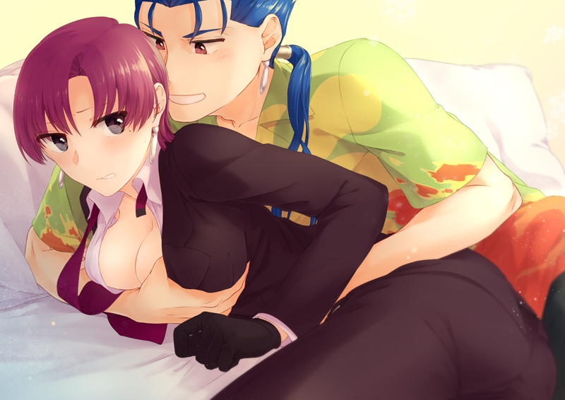 1girl bazett_fraga_mcremitz bed_sheet black_gloves blue_hair blush breast_grab breasts brown_eyes brown_jacket brown_pants cleavage couple dress_shirt earrings fate/hollow_ataraxia fate_(series) gloves grabbing grin hair_tubes hawaiian_shirt jacket jewelry lancer long_hair lying medium_breasts misoiri_(gokutsubushi) necktie on_side open_clothes open_jacket open_shirt pants pillow ponytail purple_hair purple_neckwear red_eyes shirt short_hair short_sleeves smile white_shirt