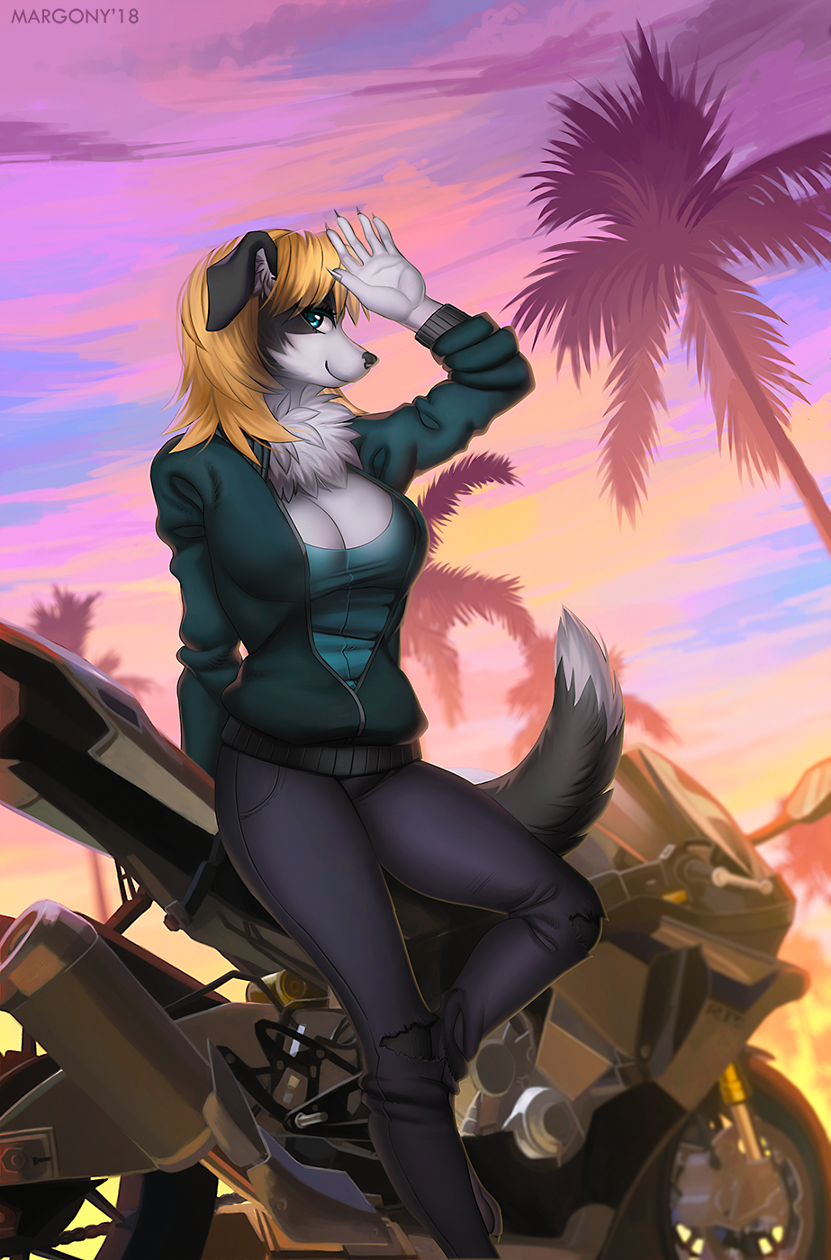 2018 5_fingers anthro black_nose blonde_hair breasts canine clothed clothing day detailed_background digital_media_(artwork) dog eyelashes female hair invalid_color invalid_tag mammal margony outside sky smile solo