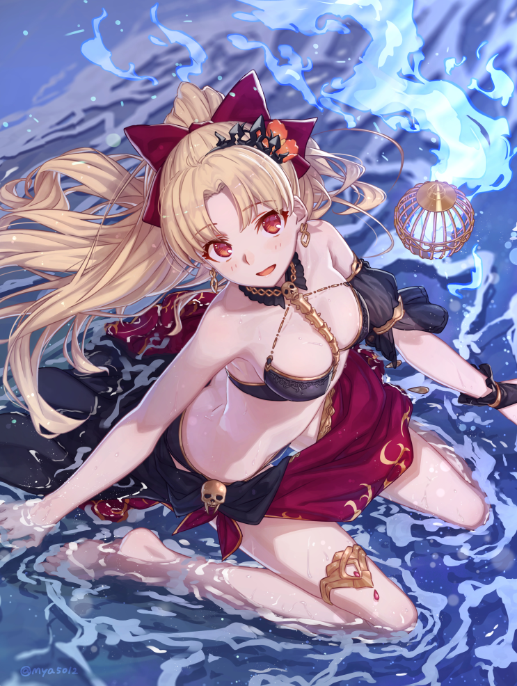 alternate_costume alternate_hairstyle bad_anatomy bangs between_breasts bikini blonde_hair breasts butt_crack collarbone colored_eyelashes commentary_request contemporary detached_collar earrings ereshkigal_(fate/grand_order) eyebrows_visible_through_hair fate/grand_order fate_(series) from_above hair_ribbon hoop_earrings jewelry long_hair looking_at_viewer lowleg lowleg_bikini m-ya medium_breasts midriff necklace open_mouth parted_bangs ponytail red_bikini red_eyes ribbon sand sarong sitting spine stomach swimsuit water wet wet_clothes