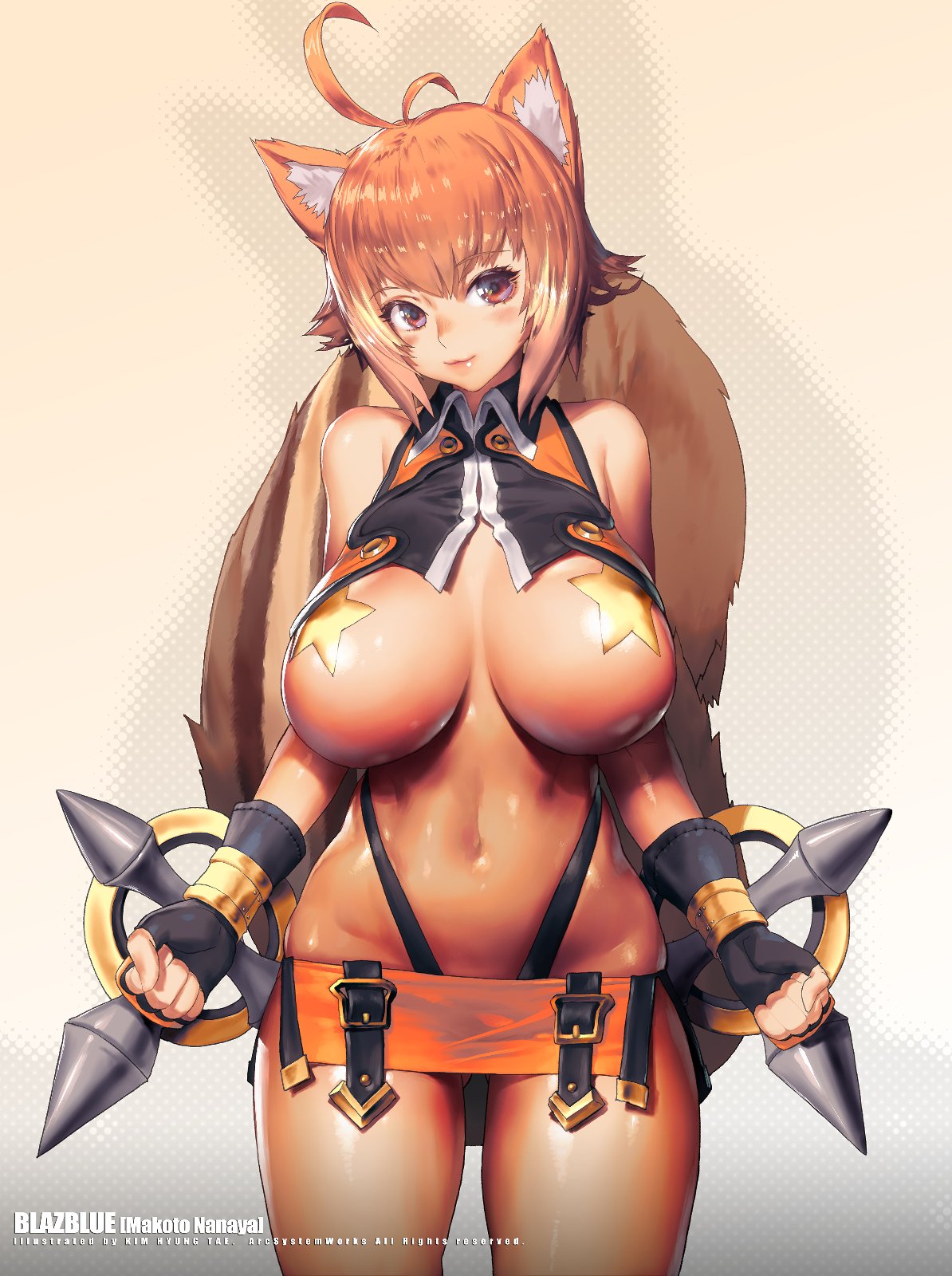 ahoge animal_ears antenna_hair ass_visible_through_thighs black_gloves black_panties blazblue blush breasts brown_hair character_name clenched_hands commentary copyright_name cowboy_shot crop_top dual_wielding eyebrows_visible_through_hair fingerless_gloves gloves head_tilt highleg highleg_panties highres hips holding kim_hyung_tae large_breasts looking_at_viewer lowleg_skirt makoto_nanaya microskirt multicolored_hair navel official_art orange_skirt panties pasties revealing_clothes shiny shiny_skin short_hair side_slit skirt solo squirrel_ears squirrel_girl squirrel_tail star_pasties tail toned tonfa two-tone_hair underboob underwear weapon