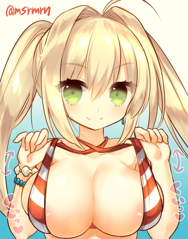 ahoge bangs bare_arms bare_shoulders bikini bikini_lift blonde_hair blush breasts cleavage closed_mouth collarbone directional_arrow eyebrows_visible_through_hair fate/grand_order fate_(series) green_eyes hair_between_eyes hair_intakes large_breasts lifted_by_self long_hair marshmallow_mille nero_claudius_(fate)_(all) nero_claudius_(swimsuit_caster)_(fate) sidelocks smile solo striped striped_bikini swimsuit twintails twitter_username upper_body