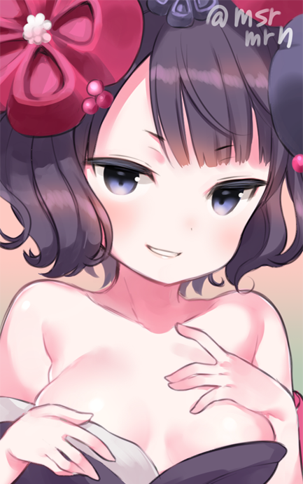 bangs bare_shoulders black_hair blush breasts collarbone eyebrows_visible_through_hair fate/grand_order fate_(series) hair_ornament hands_up head_tilt katsushika_hokusai_(fate/grand_order) looking_at_viewer marshmallow_mille medium_breasts off_shoulder parted_lips purple_eyes short_hair smile solo twitter_username v-shaped_eyebrows