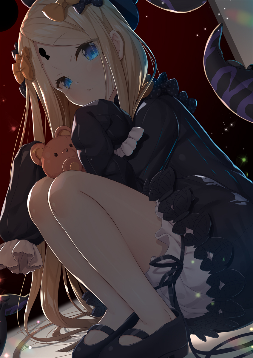 abigail_williams_(fate/grand_order) bangs black_bow black_dress black_footwear black_hat blonde_hair bloomers blue_eyes blush bow bug butterfly closed_mouth commentary dress dutch_angle eyebrows_visible_through_hair fate/grand_order fate_(series) hair_bow hat head_tilt highres insect keyhole long_hair long_sleeves looking_at_viewer mary_janes object_hug orange_bow parted_bangs polka_dot polka_dot_bow shoes sleeves_past_fingers sleeves_past_wrists solo squatting stuffed_animal stuffed_toy suction_cups teddy_bear tentacles underwear very_long_hair white_bloomers yano_mitsuki