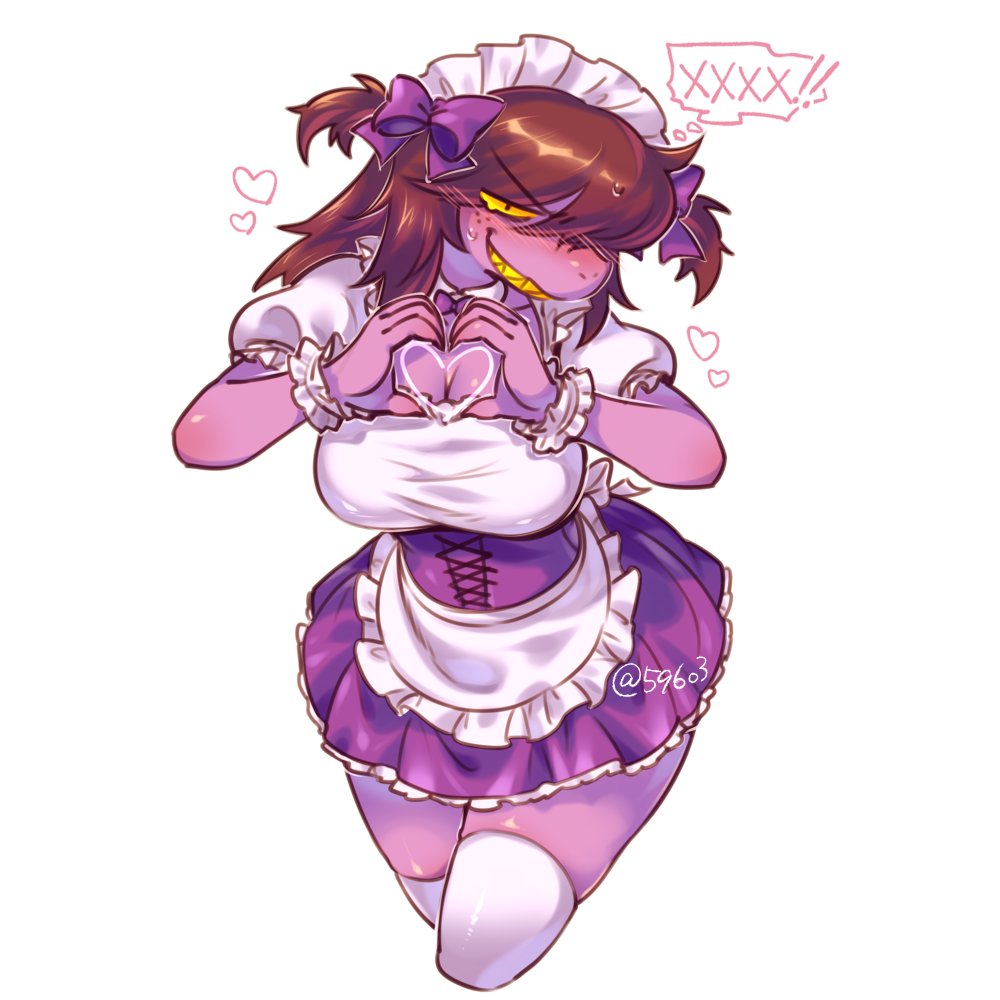 &lt;3 2018 596o3 anthro blush breasts clothed clothing deltarune digital_media_(artwork) female hair invalid_tag maid_uniform mammal reptile scalie simple_background solo susie_(deltarune) text uniform video_games white_background