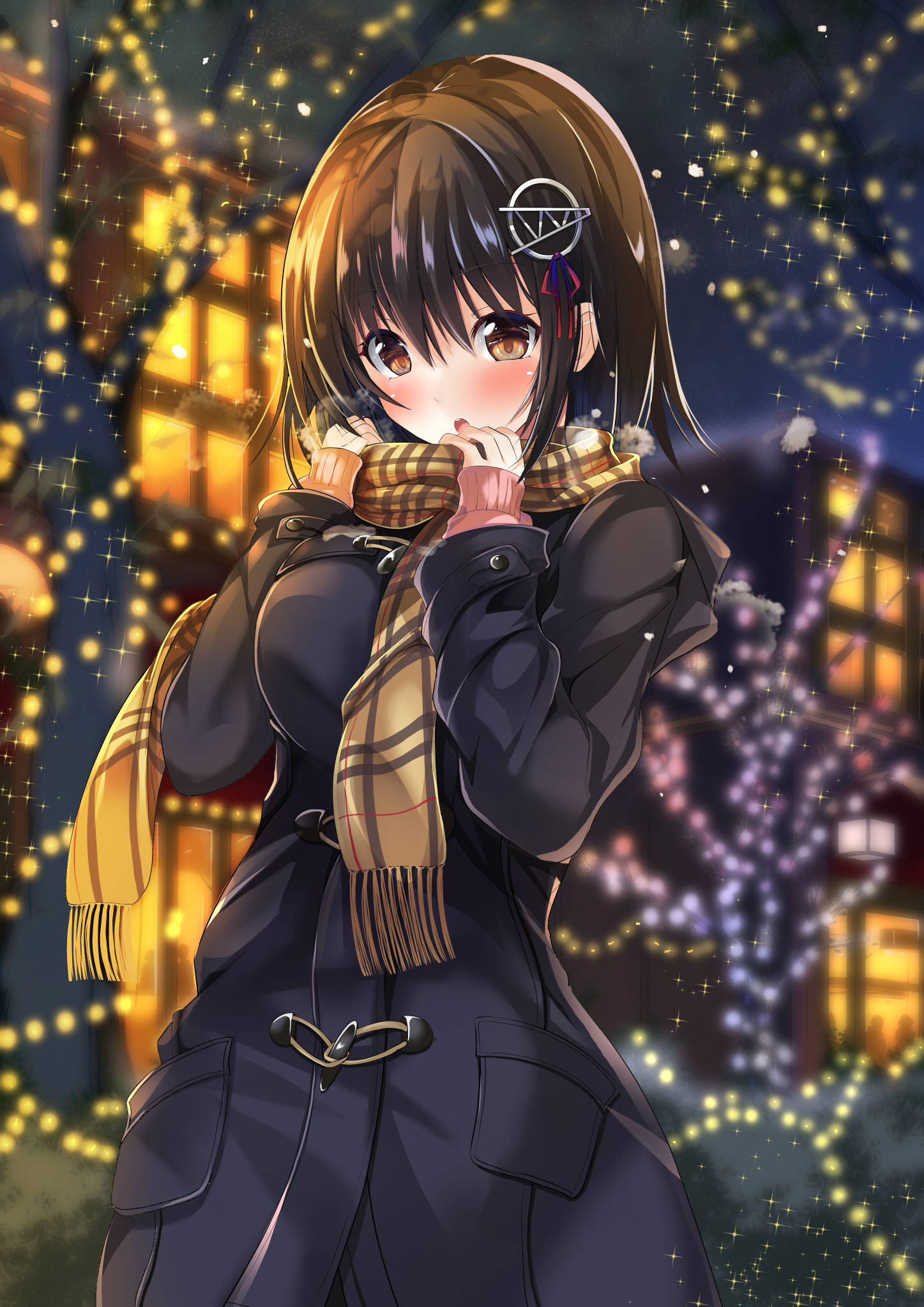 alternate_costume bangs black_coat blurry blurry_background blush bokeh brown_eyes brown_scarf building commentary_request depth_of_field door duffel_coat eyebrows_visible_through_hair fringe_trim haguro_(kantai_collection) hair_between_eyes hair_ornament hands_up highres hood hood_down kantai_collection long_sleeves looking_down medium_hair open_mouth outdoors plaid plaid_scarf pocket red_ribbon ribbon round_teeth scarf silhouette sleeves_past_wrists solo_focus sparkle sumisuzu teeth tree window
