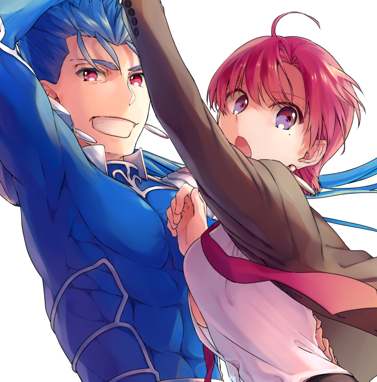 1girl ahoge arm_up bazett_fraga_mcremitz blue_bodysuit blue_hair bodysuit brown_jacket earrings fate/hollow_ataraxia fate_(series) grin hand_on_another's_back jacket jewelry lancer misoiri_(gokutsubushi) open_clothes open_jacket open_mouth red_eyes red_hair shirt simple_background smile white_background white_shirt