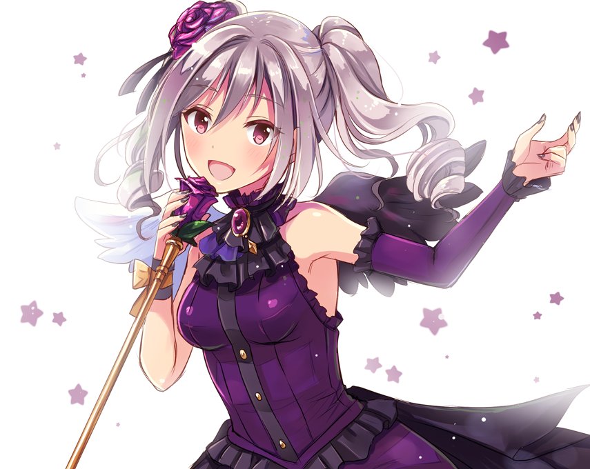 :d asymmetrical_sleeves asymmetrical_wings black_nails black_wings brown_eyes detached_sleeves dress_shirt eyebrows_visible_through_hair flower hair_between_eyes hair_flower hair_ornament holding holding_microphone idolmaster idolmaster_cinderella_girls kanzaki_ranko long_hair long_sleeves microphone nail_polish open_mouth purple_flower purple_rose purple_shirt purple_skirt purple_sleeves rose serino_itsuki shiny shiny_hair shirt silver_hair single_sleeve skirt sleeveless sleeveless_shirt smile solo twitter_username upper_body white_background white_wings wings wrist_cuffs