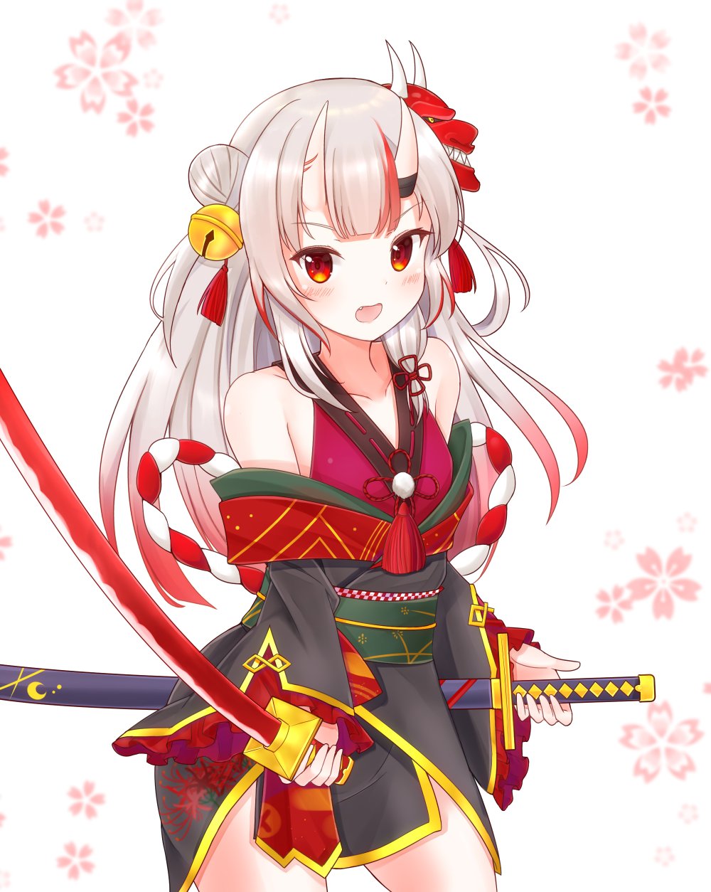 bell blush breasts collarbone dual_wielding fang hair_bun hair_ornament highres holding holding_weapon hololive horns japanese_clothes katana long_hair looking_at_viewer mask mask_on_head multicolored_hair nakiri_ayame open_mouth red_eyes silver_hair small_breasts sword virtual_youtuber weapon