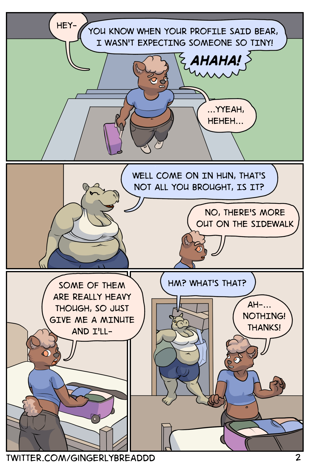 2018 anthro bear big_breasts breasts bulge clothed clothing comic dickgirl digital_media_(artwork) duo english_text gingerlybreadart girly hippopotamus inside intersex male mammal outside overweight skimpy speech_bubble standing text