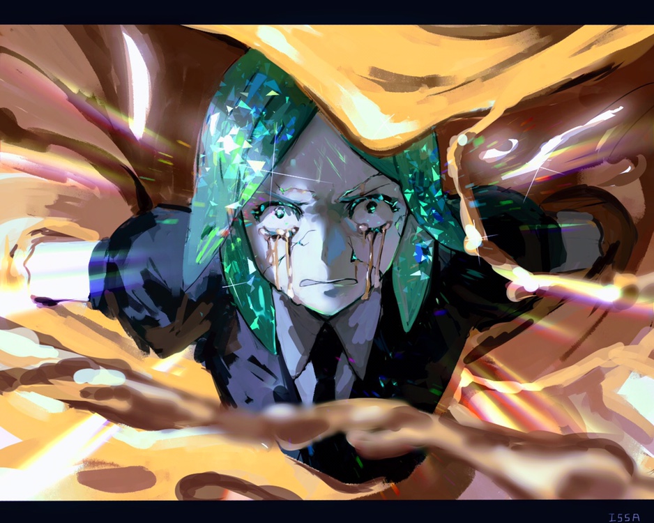 androgynous angry colored_eyelashes commentary_request cracked crazy_eyes crying crying_with_eyes_open crystal_hair gem_uniform_(houseki_no_kuni) gold green_eyes green_hair houseki_no_kuni issa_(zgjj7328) letterboxed looking_at_viewer necktie phosphophyllite short_hair solo spoilers tears upper_body user_zgjj7328 white_skin