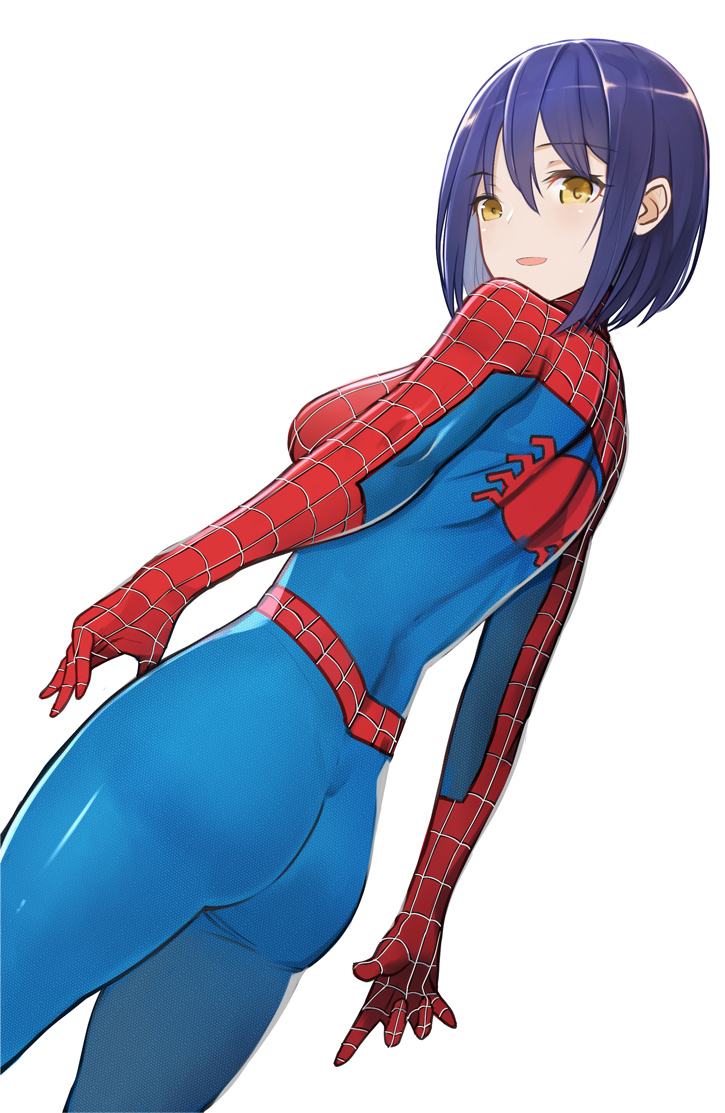 animal_print arms_at_sides ass bangs blue_bodysuit blue_hair bodysuit breasts cosplay cowboy_shot eyebrows_visible_through_hair from_side gloves hair_between_eyes looking_at_viewer looking_back looking_to_the_side marvel medium_breasts nijisanji open_mouth pupps red_bodysuit shizuka_rin short_hair simple_background skin_tight smile solo spider-man spider-man_(cosplay) spider-man_(series) spider_print spider_web_print standing straight_hair superhero turtleneck virtual_youtuber white_background yellow_eyes