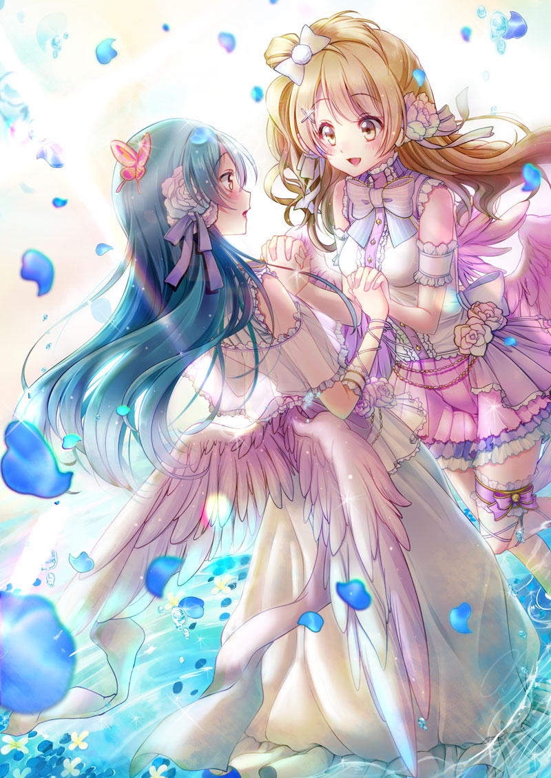 angel_wings bangs blue_hair blush butterfly_hair_ornament commentary_request flower frills grey_hair hair_between_eyes hair_flower hair_ornament holding_hands interlocked_fingers long_hair looking_at_another love_live! love_live!_school_idol_festival love_live!_school_idol_project maronie. minami_kotori multiple_girls one_side_up open_mouth petals sleeveless smile sonoda_umi standing standing_on_liquid water wings yellow_eyes