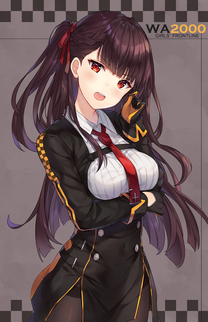 arm_under_breasts bangs black_dress black_gloves blush bow braid breast_hold breasts brown_hair brown_legwear character_name collared_shirt commentary copyright_name dress english_commentary eyebrows_visible_through_hair framed_breasts girls_frontline gloves hair_bow head_tilt highres hitsukuya long_hair long_sleeves medium_breasts one_side_up open_mouth pantyhose red_bow red_eyes red_neckwear shirt sleeves_past_wrists solo striped striped_shirt thighband_pantyhose upper_teeth vertical-striped_shirt vertical_stripes very_long_hair wa2000_(girls_frontline) white_shirt