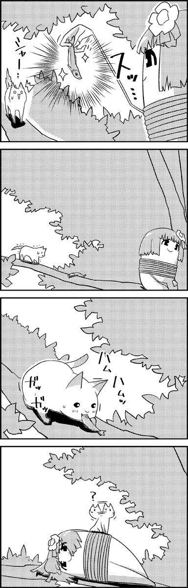 4koma ? bangs blunt_bangs bound cat comic commentary_request eating fish flower food greyscale hair_flower hair_ornament hieda_no_akyuu highres holding holding_food in_tree lying monochrome on_person on_side rope short_hair silent_comic sitting sitting_in_tree smile sparkle tani_takeshi tied_up touhou translation_request tree tree_branch trembling turning_head yukkuri_shiteitte_ne